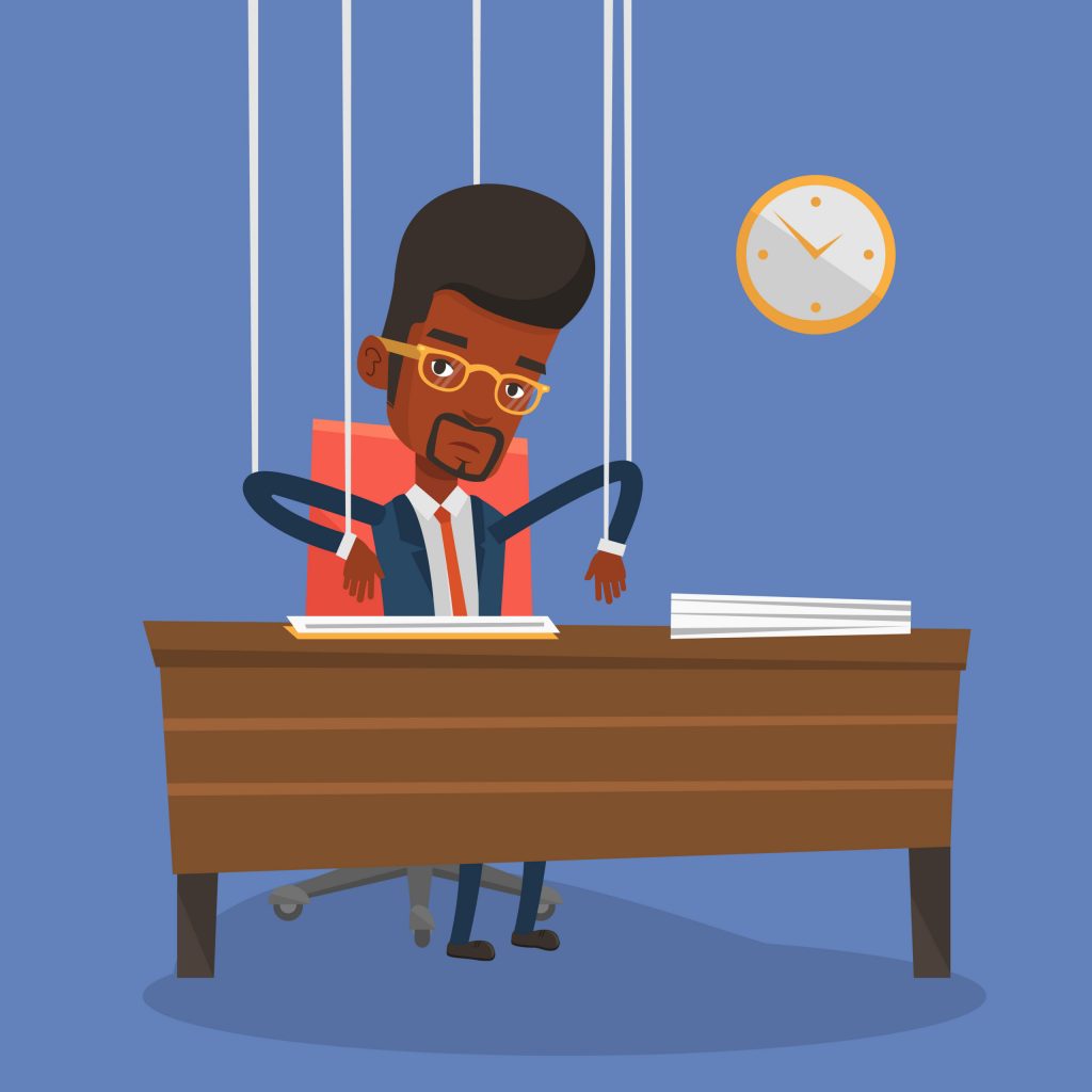 African-american businessman hanging on strings like a marionette. Businessman marionette on ropes sitting in office. Emotionless marionette man working. Vector flat design illustration. Square layout