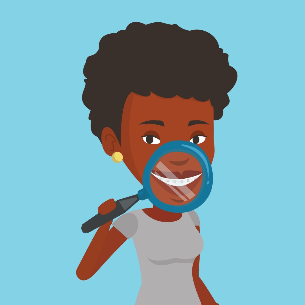 African-american woman examining her teeth with magnifier. Smiling woman holding a magnifying glass in front of her teeth. Concept of teeth examining. Vector flat design illustration. Square layout.