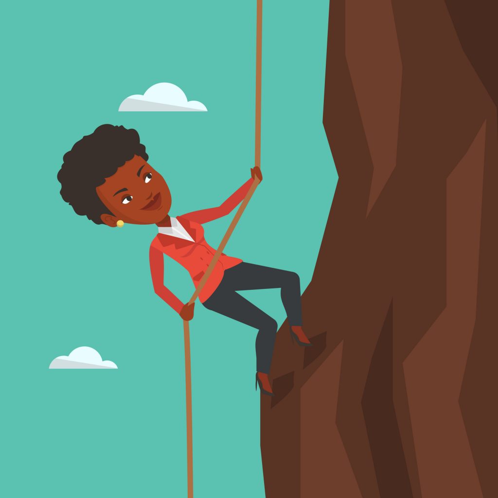 An african-american business woman climbing on the rock. Brave woman in business suit climbing on mountain using rope. Concept of business challenge. Vector flat design illustration. Square layout
