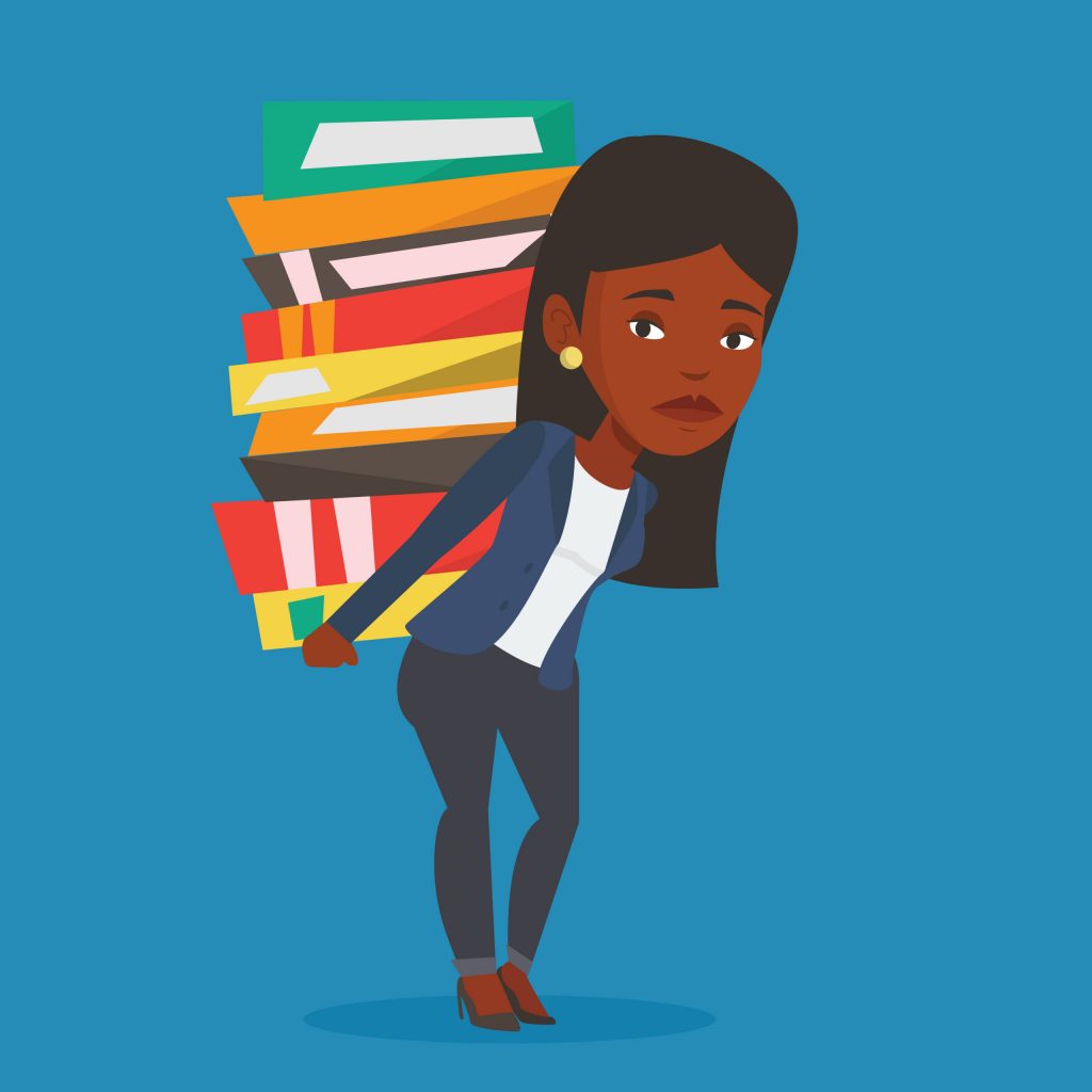 An african-american student carrying a heavy pile of books on her back. Student walking with huge stack of books. Student preparing for exam with books. Vector flat design illustration. Square layout.