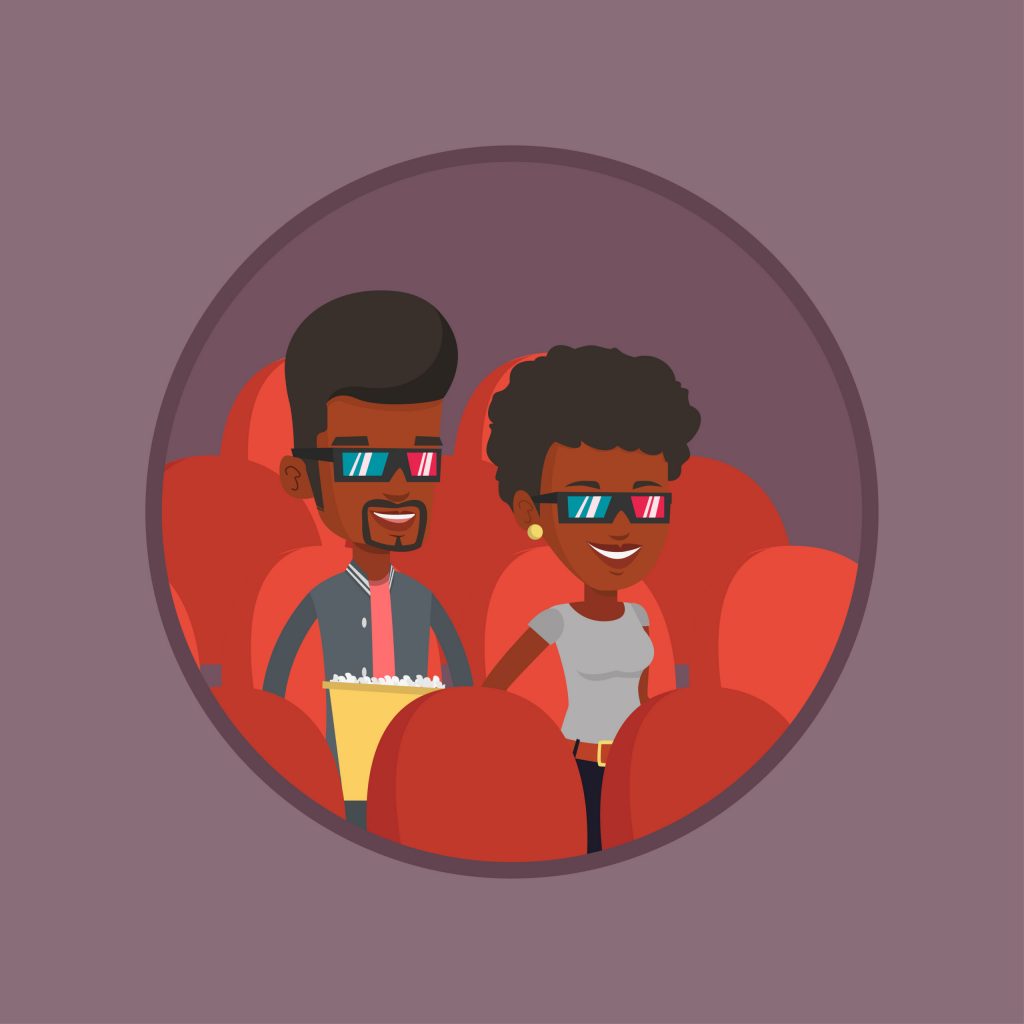 African-american friends wearing 3d glasses watching movie in the cinema. Happy young couple watching 3D movie in the theatre. Vector flat design illustration in the circle isolated on background.
