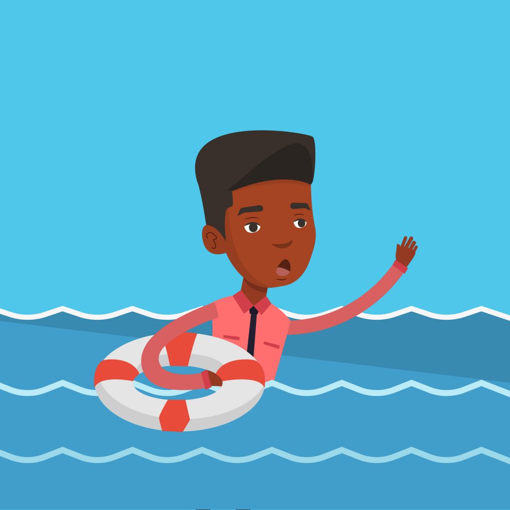 Frightened businessman sinking and asking for help. An african-american businessman with lifebuoy sinking and waving. Concept of failure in business. Vector flat design illustration. Square layout.